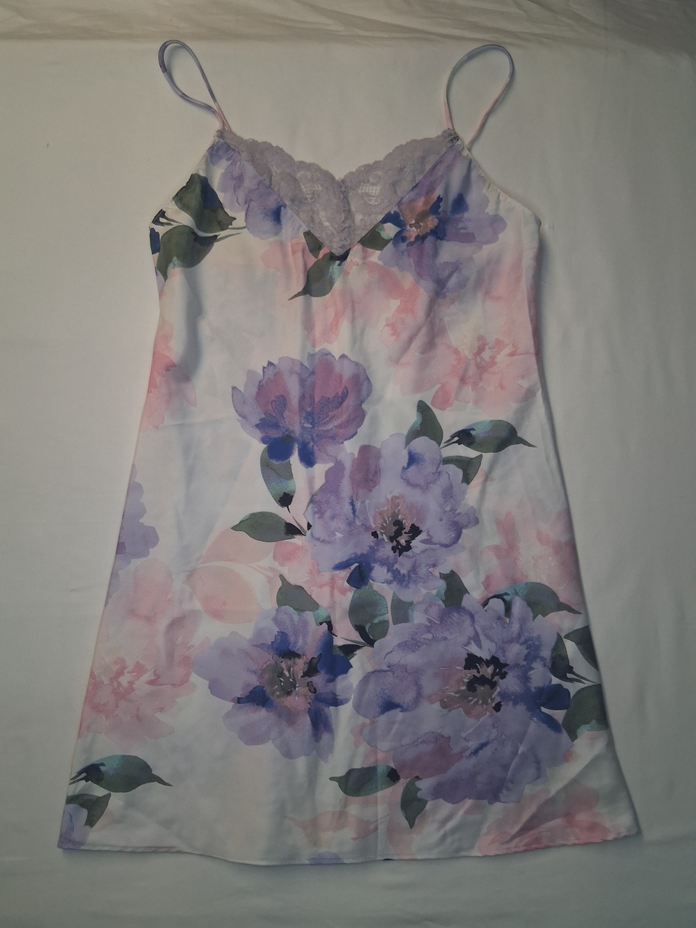 Floral Lace-Trim Satin Slip Dress in Lavender & Pink